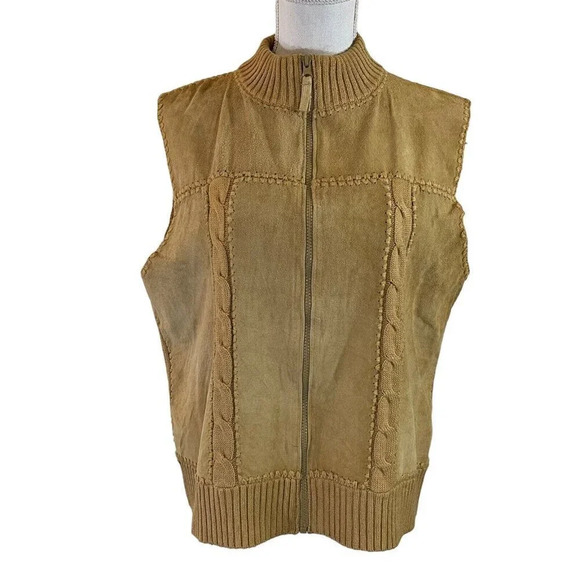 Designers Studio Originals Patchwork Leather Zip Up Vest XL Cable Knit Mock Neck - Picture 1 of 13